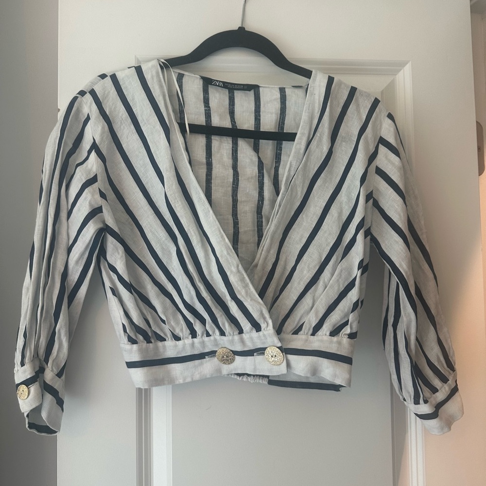 Zara Navy and White Striped Crop Top